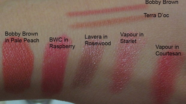 Beauty without Cruelty in raspberry lipstick, Lavera in rosewood lipstick, Bobby Brown in Pale Peach lipstick, Vapour Beauty Multi use in Starlet and Courtesan and Terra D'Oc lip liner